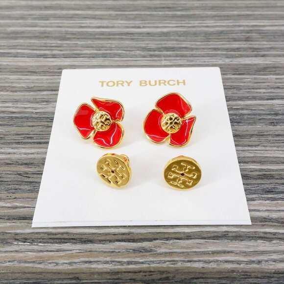 Tory Burch Fleur Flower Stud Earrings Red OS - Picture 13 of 13